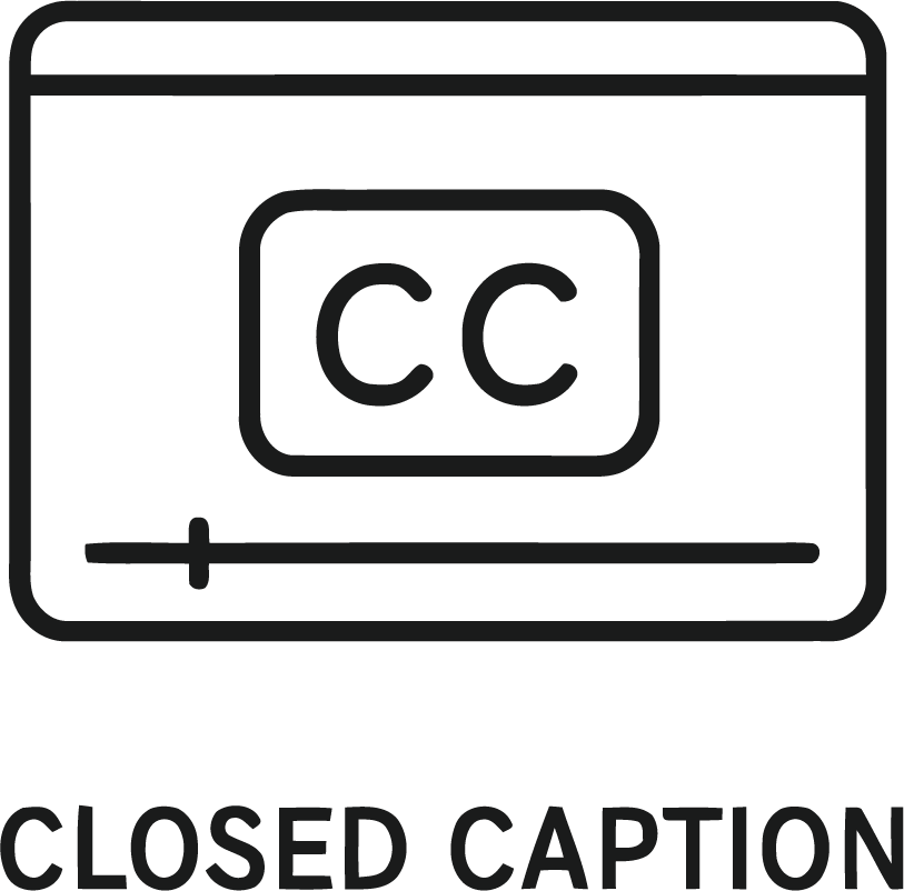 A line drawing of a video with a box in the middle that says "CC", meant to represent closed captioning.