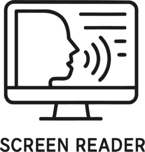 A line drawing of a computer monitor depicting a person reading out loud text, meant to visually represent the use of a screen reader.